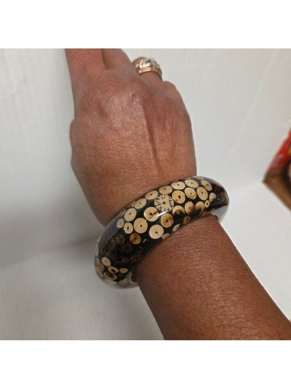 Vintage 80s Wood with Bamboo Slice Inlay Bangle Bracelet